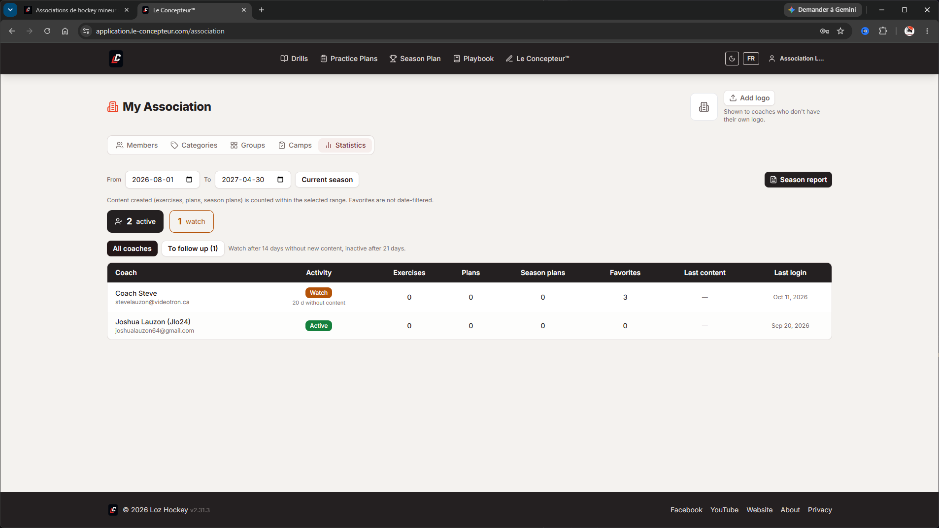 Association dashboard: active coaches, coaches to watch and last login