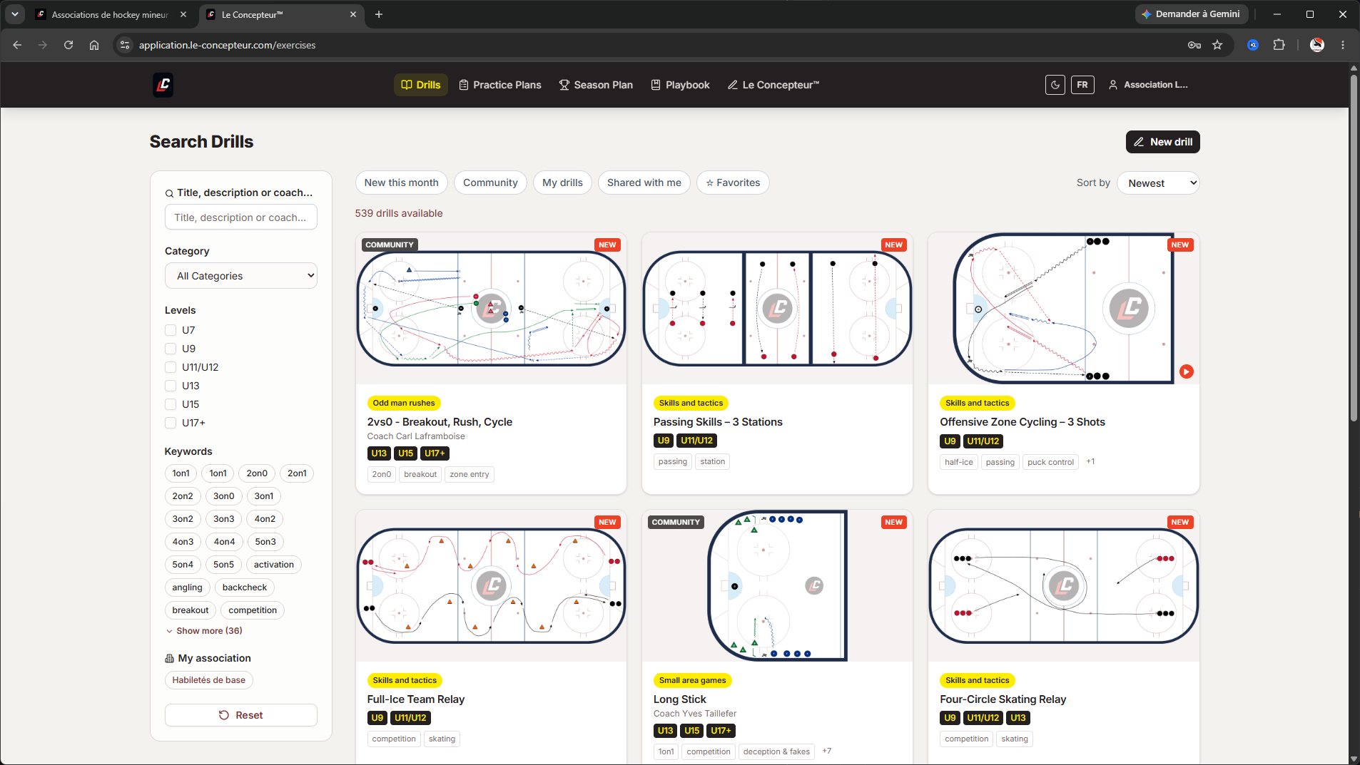 Shared drill library, filtered by the association's categories
