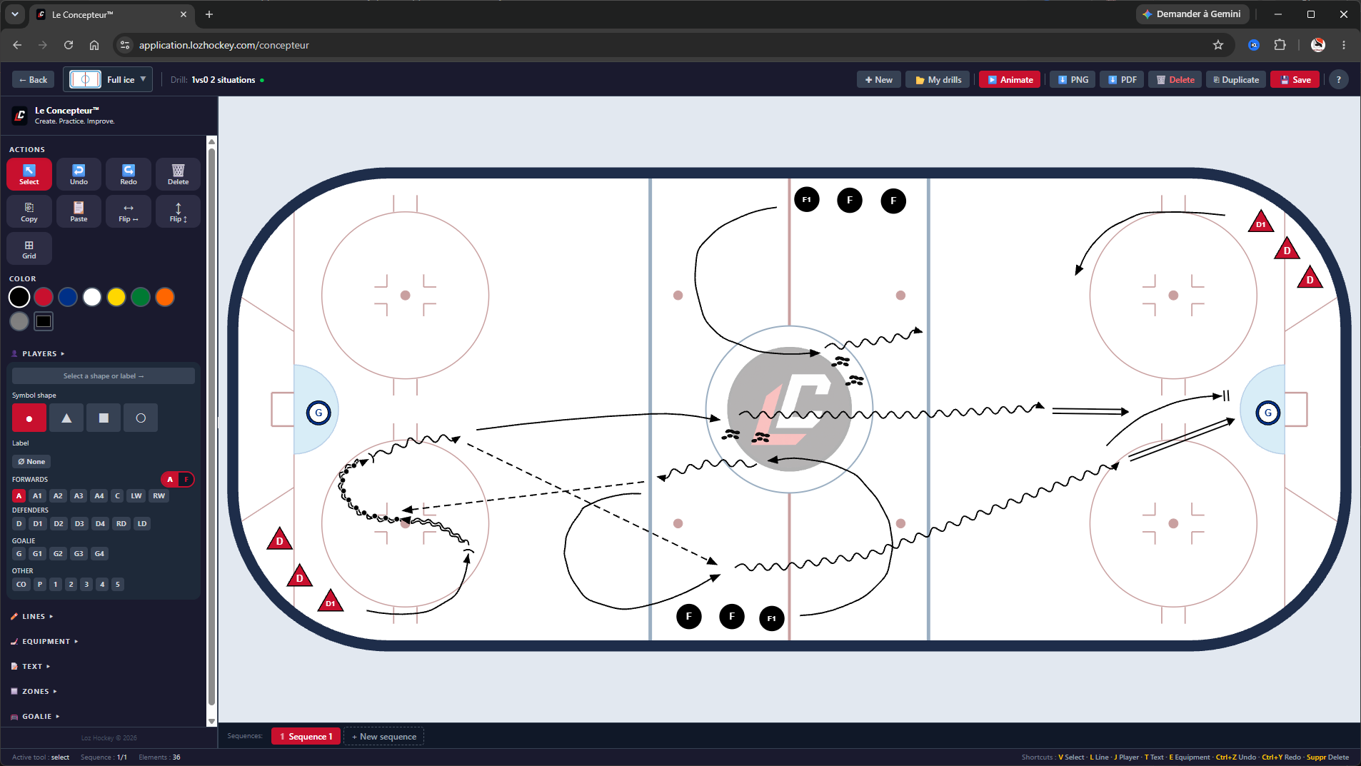 Visual hockey drill designer — multi-step sequences
