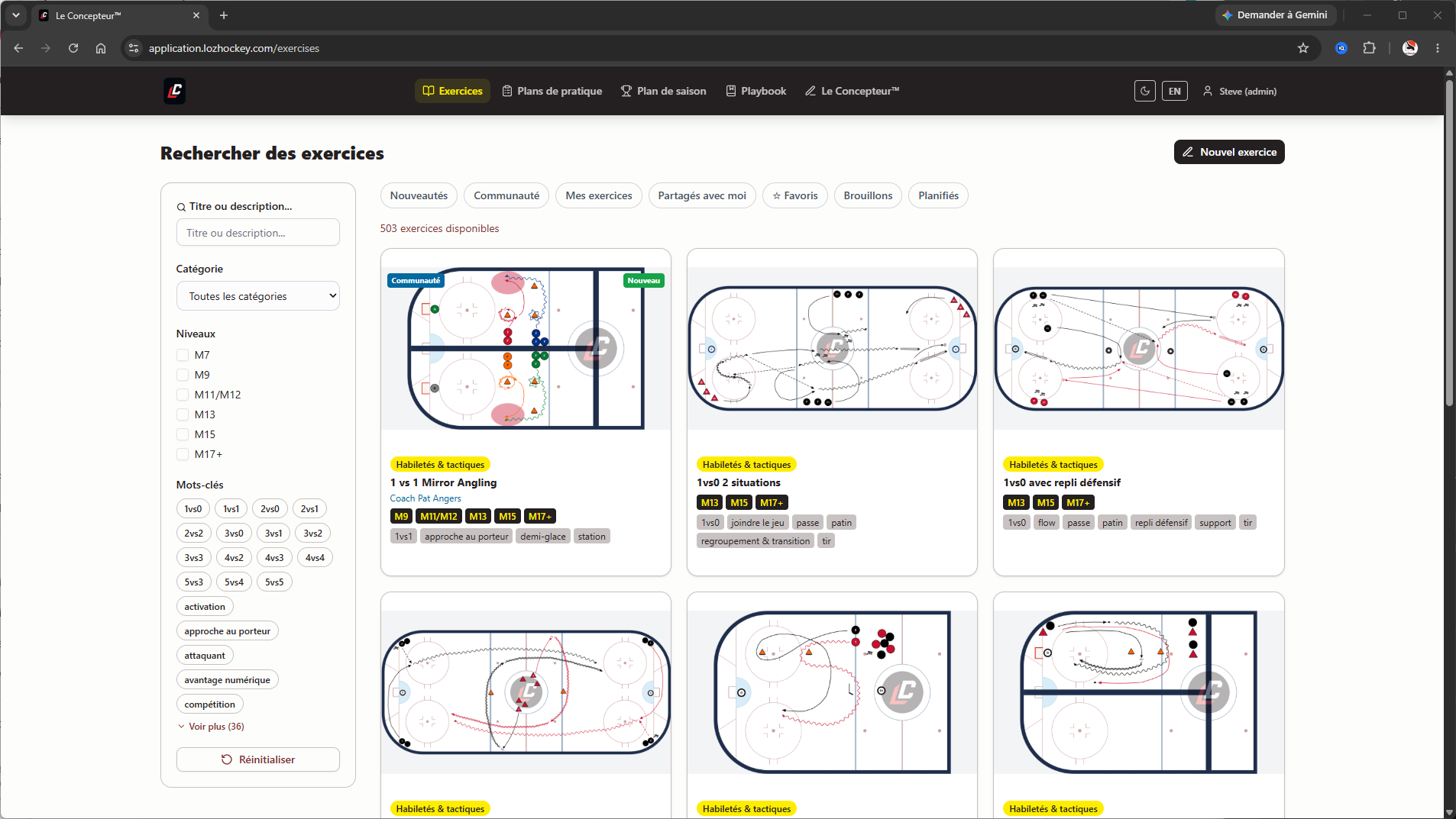 Bibliothèque d'exercices de hockey mineur — application Le Concepteur™