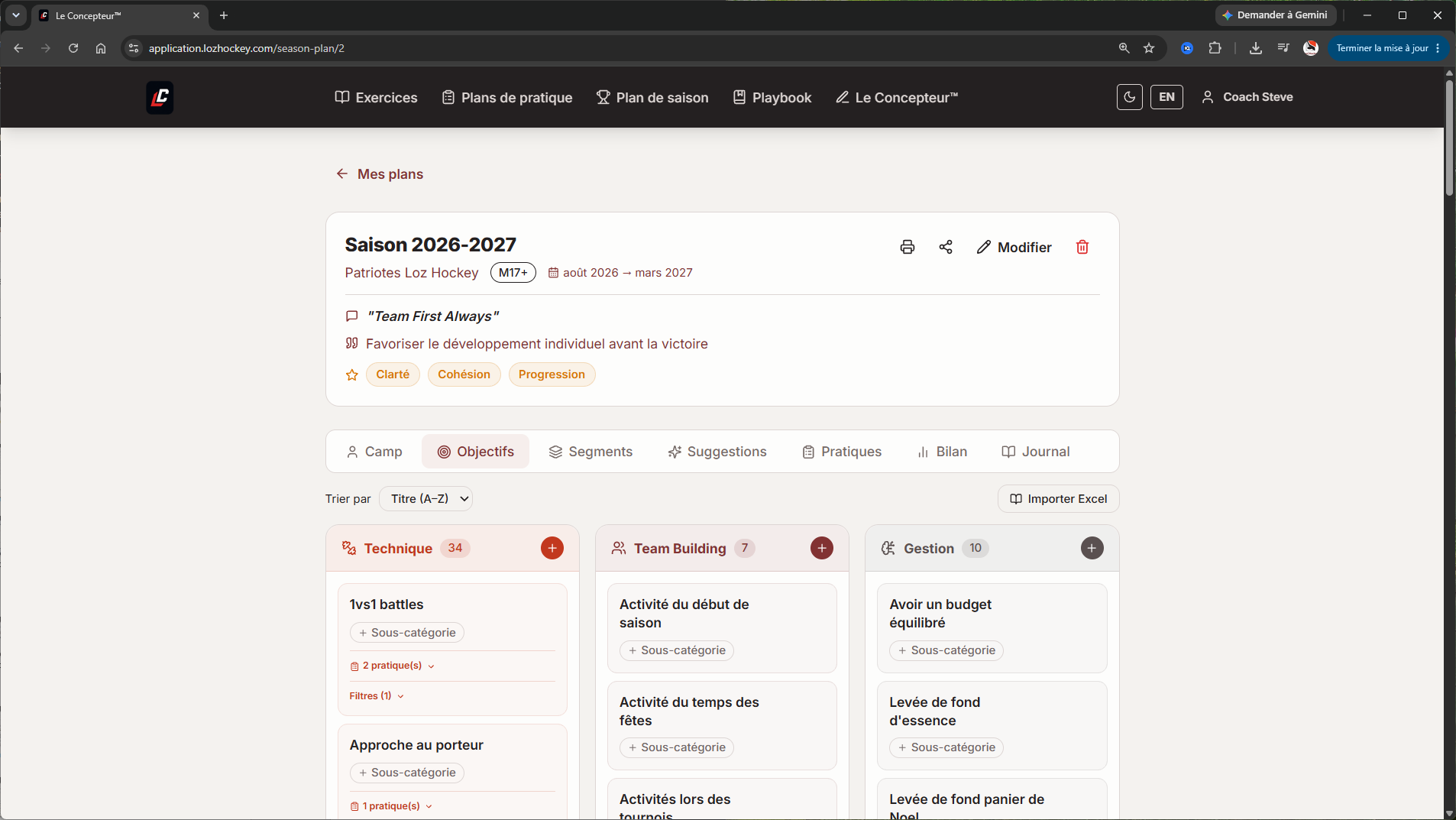 Plan de saison hockey mineur — objectifs annuels
